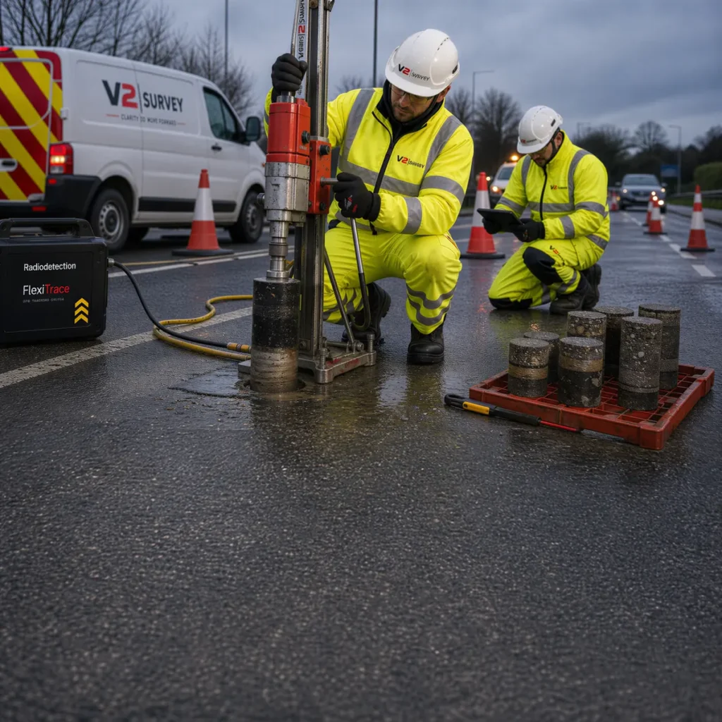 V2 Survey engineer extracting a pavement core with a coring rig on a wet highway, with a colleague logging results beside the recovered cores
