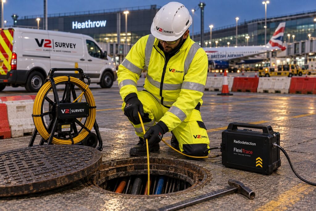 V2 surveyor carrying out a drainage and utility trace at Heathrow