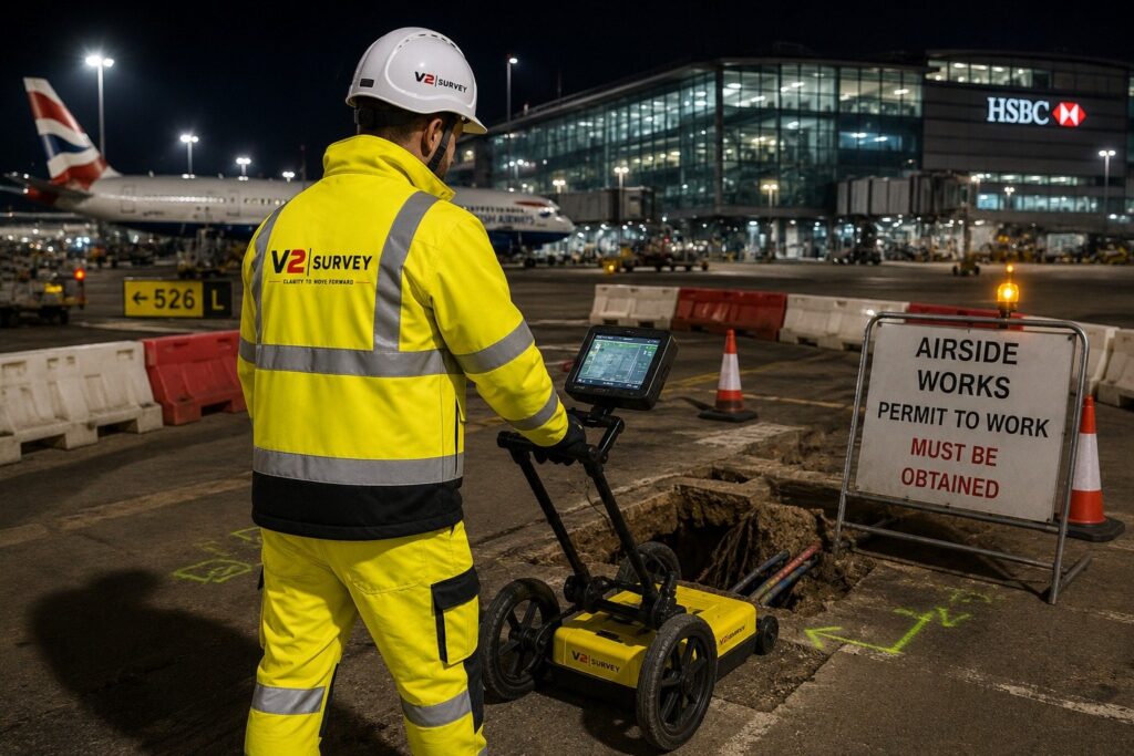 V2 surveyor running ground penetrating radar airside at night