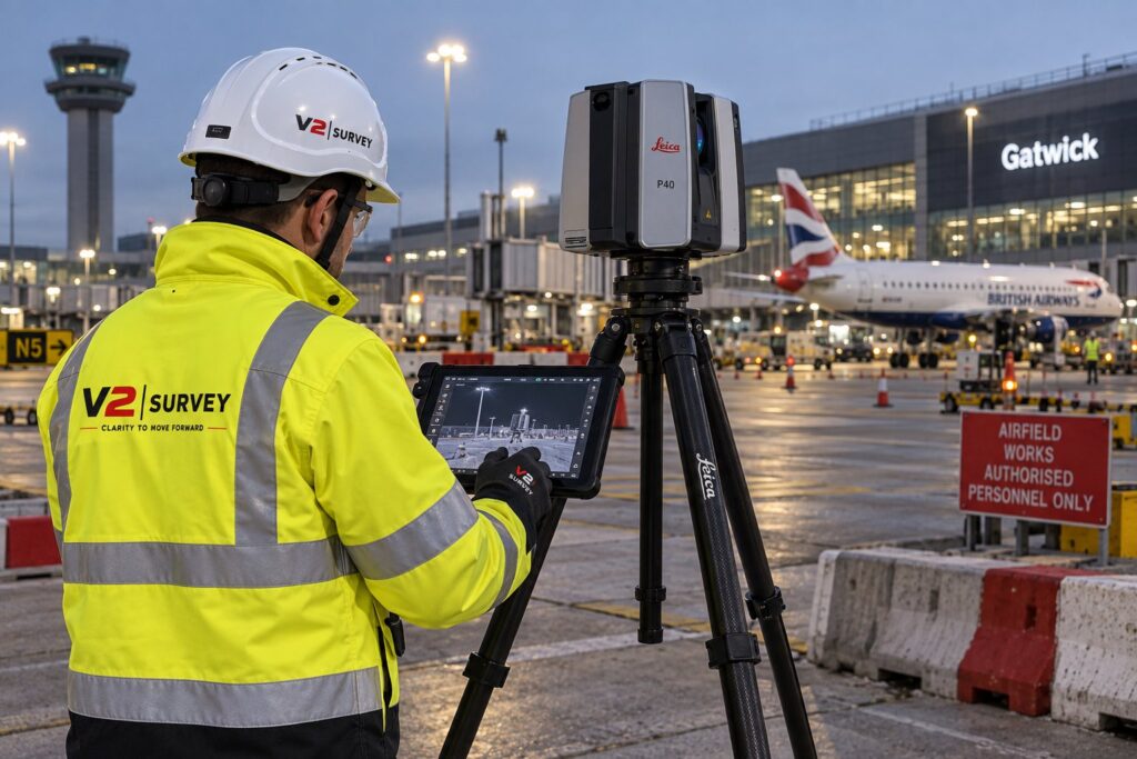 V2 surveyor laser scanning airside at Gatwick